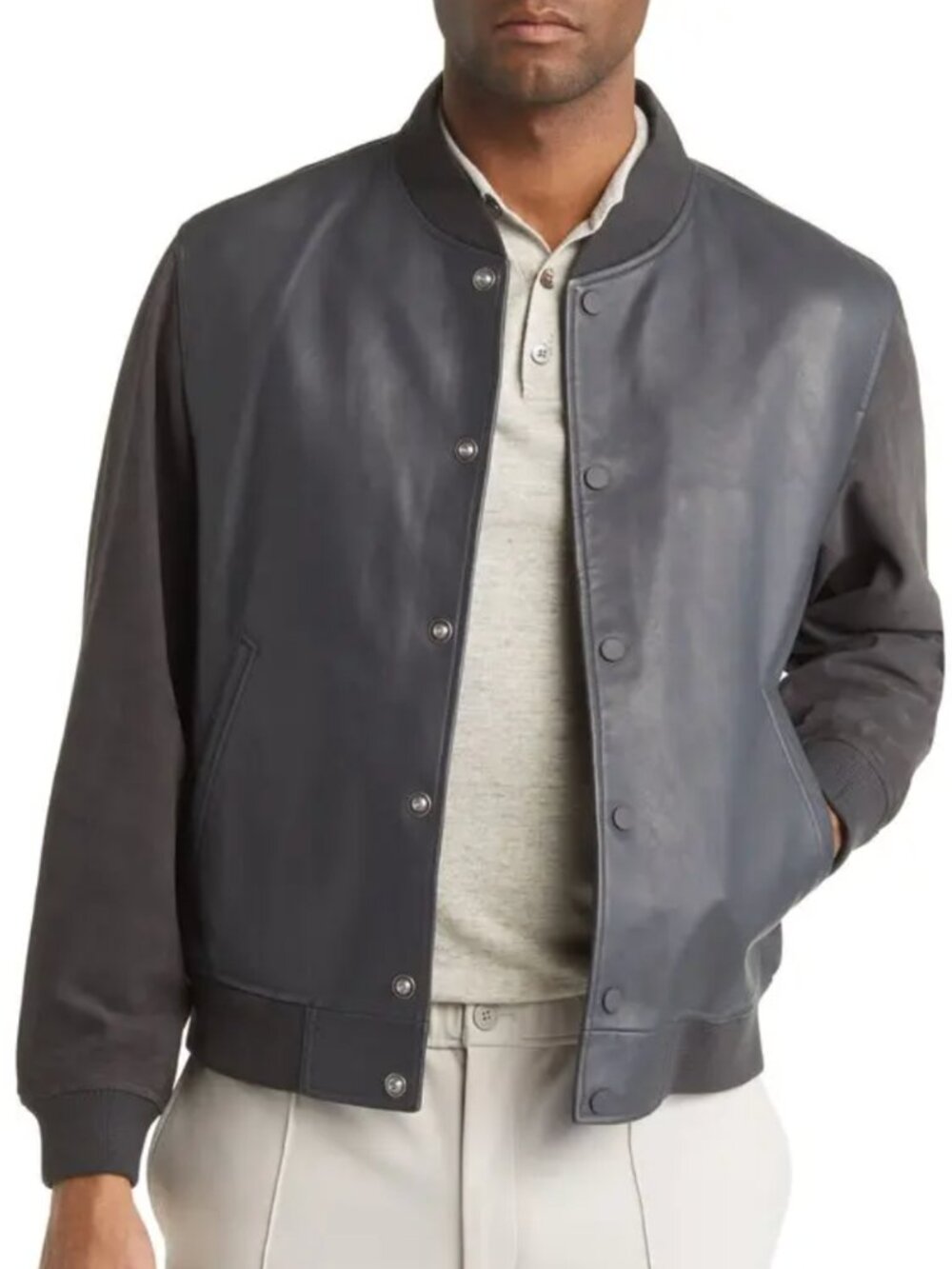 Theory Lamb Supreme Leather & Suede Varsity Jacket Pestle Gray | NWOT
